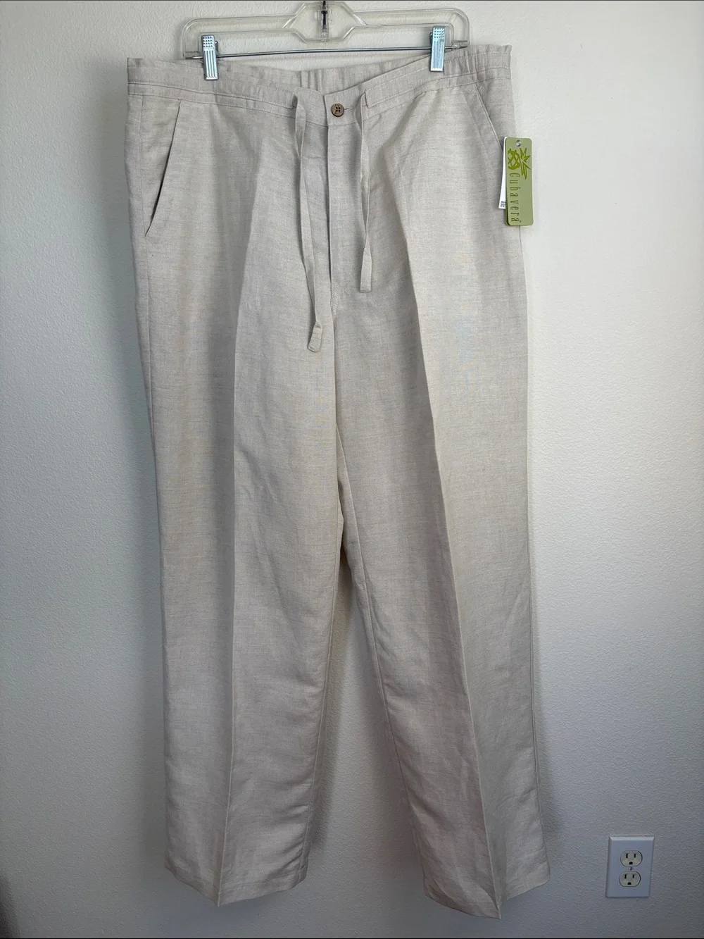 NWT Cubavera Men's Linen Blend Flat Front Drawstring Pants Natural Beige Size L